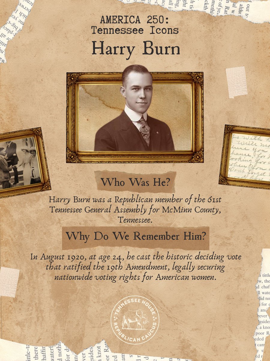 tnhousegop's tweet photo. Harry Burn played a pivotal role in American history when his deciding vote helped make Tennessee the 36th and final state needed to ratify the 19th Amendment, extending voting rights to women across the nation. https://t.co/f3oP1tcPDe