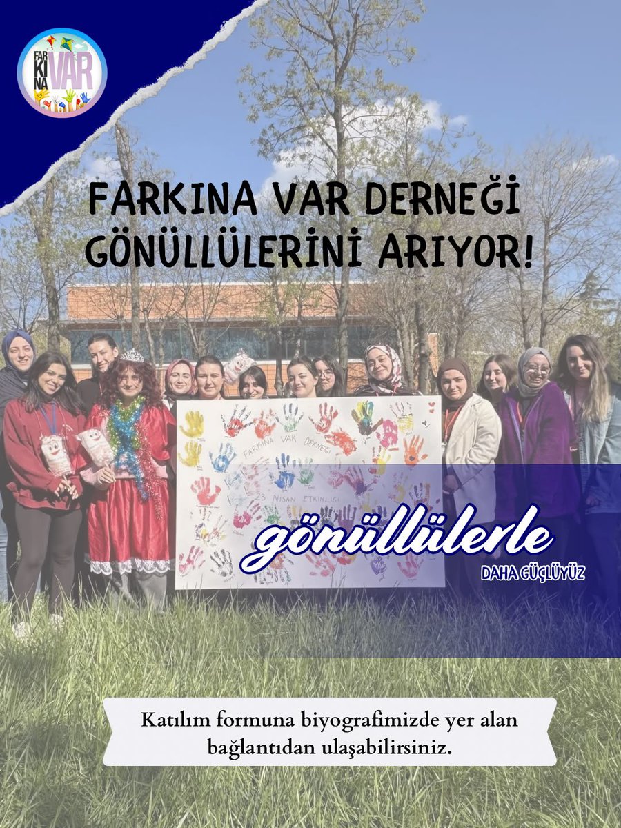 farkinavard's tweet photo. Farkına Var Derneği olarak projelerimizde yer almak isteyen yeni gönüllülerimizi arıyoruz! Çocuklarla etkinlikler yapmaya, ekip çalışmalarında bir arada bulunmaya, istekliyseniz sizleri de aramıza bekliyoruz. 
Katılmak için formumuzu doldurabilirsiniz🫶🏻🎉
https://t.co/jPyiuN8A9D https://t.co/fEdpCuJ5Ye