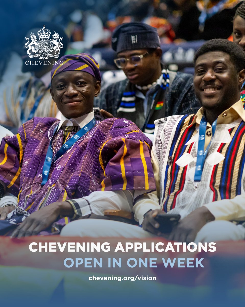 UKinGhana's tweet photo. 🌍 Just one week to go until applications open for the 2027–28 Chevening Scholarships!

#Chevening is more than a scholarship to study in the UK. It’s a global network of exceptional leaders, united by shared values, world-class knowledge, and UK connections, working together to address the world’s most pressing challenges and drive forward sustainable development.

If you share Chevening’s vision and have a realistic plan to influence positive change in areas of shared priority for Ghana and the UK, applications for the 2027–28 Chevening Scholarships will open on 4 August and close on 6 October.

Find out if you're ready to join the Chevening community: https://t.co/P2M8YZsGUU

#IamChevening
