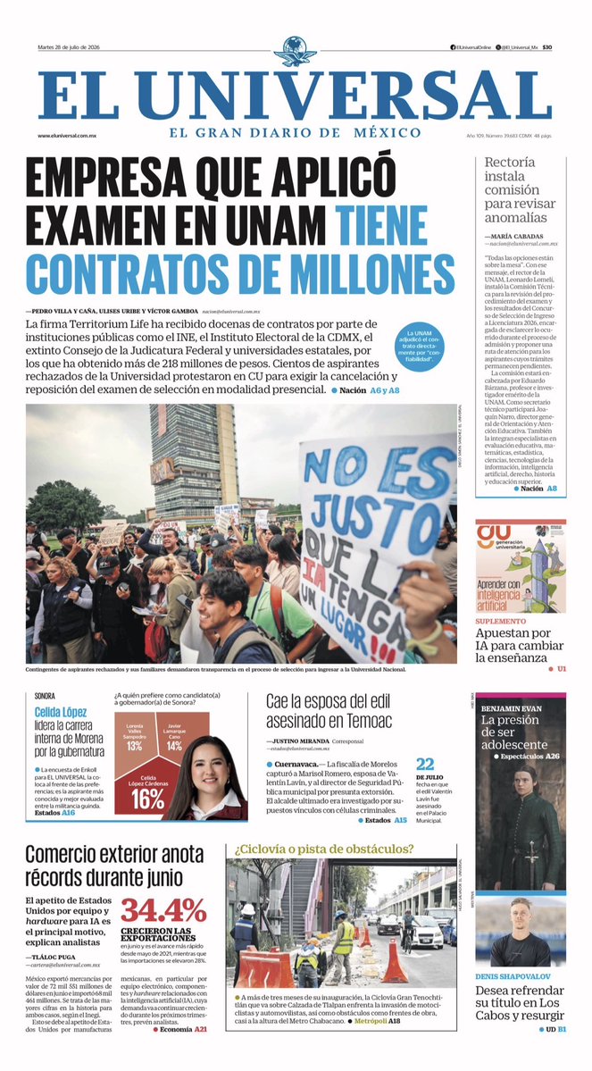 apontedavid's tweet photo. #BuenMartes 

La primera de @El_Universal_Mx 👀👇 https://t.co/7HgW5gyV1A