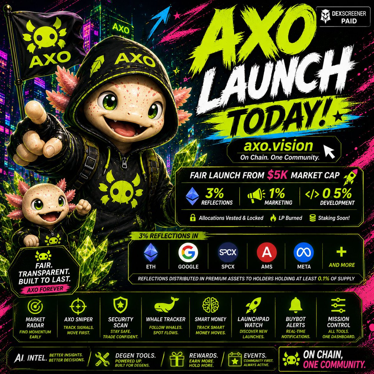 AXO_rh's tweet photo. Hello world — AXO is online. 🫧🖤💚

New account. New chapter. Same crystal-crawling scout with one eye on the glow and the other on the receipts.

Later today, we’re opening the AXO launch on Robinhood Chain:
🤖 AI-powered tools
📊 smart analytics
⚡ degen edge
🫂 community-driven mechanics
💎 a holder-reflection experiment built around premium onchain assets

That’s the teaser—not the full contract.

The exact launch time, fair-launch mechanics, eligibility, contract, and risk notes will arrive with the official drop. The new launch mechanics are not live until those receipts land.

Keep your bells on. 🔔
https://t.co/7IfHp4JO8w
