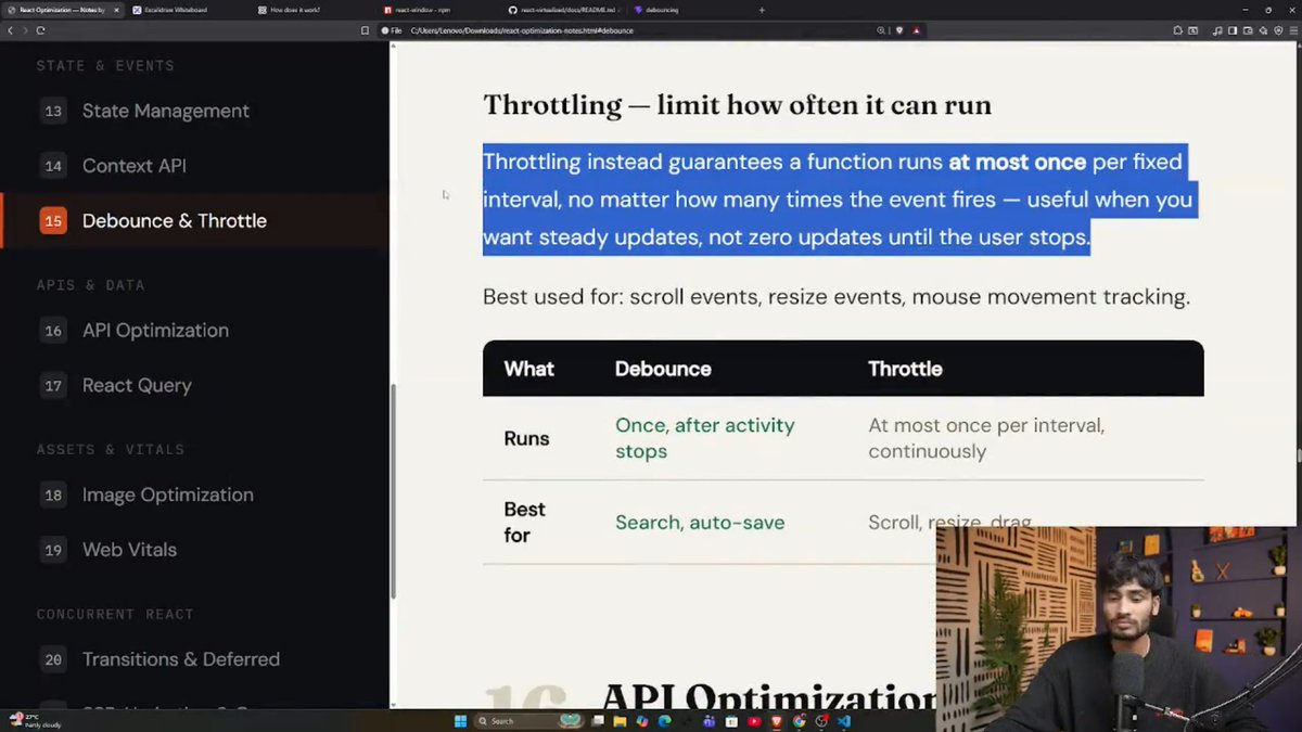 NikhilGupta6656's tweet photo. 🚀 Developer 2.0 | Day 8
Learned List Virtualization, Debouncing &amp; Throttling in React today.

Optimizing performance, one concept at a time. ⚛️

#Developer2 #Day8 #React https://t.co/NvQR5Or989