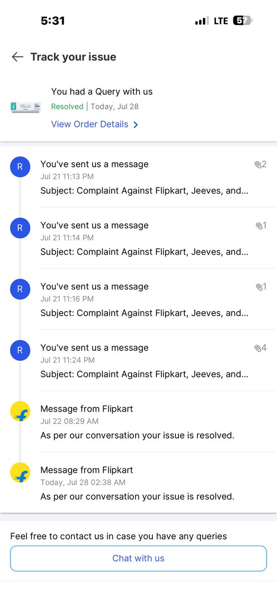 Lakmekompally's tweet photo. @_Kalyan_K
The attached screenshots show that on both 22 July and 28 July tricks used by customer care messages and complaint status were changed. Earlier, the messages stated “As per our conversation we are working to solve your issue” and the complaint was shown as UNRESOLVED. https://t.co/zacm8S9FaY