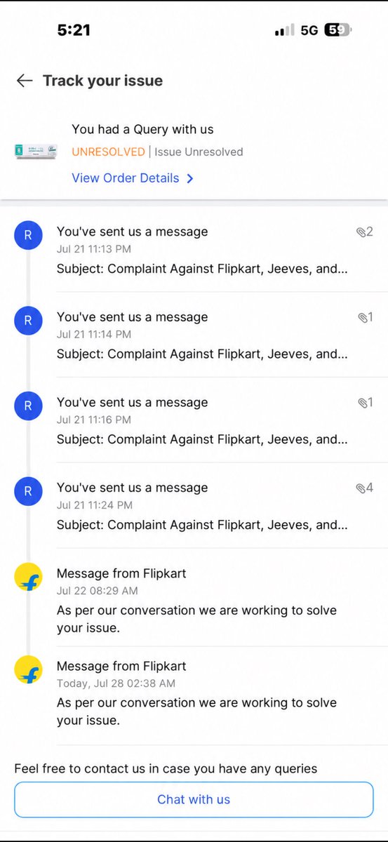 Lakmekompally's tweet photo. @_Kalyan_K
The attached screenshots show that on both 22 July and 28 July tricks used by customer care messages and complaint status were changed. Earlier, the messages stated “As per our conversation we are working to solve your issue” and the complaint was shown as UNRESOLVED. https://t.co/zacm8S9FaY