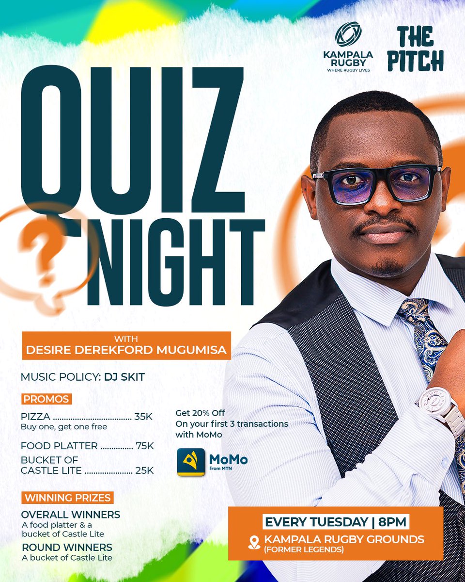 KampalaRugby's tweet photo. It’s that time of the week!

Bring your A-game. We’ll bring the vibes. See you tonight!

📍 Kampala Rugby Grounds
🕗 Every Tuesday | 8:00 PM
#ThePitch #QuizNight #KampalaRugby https://t.co/o977xlraV2