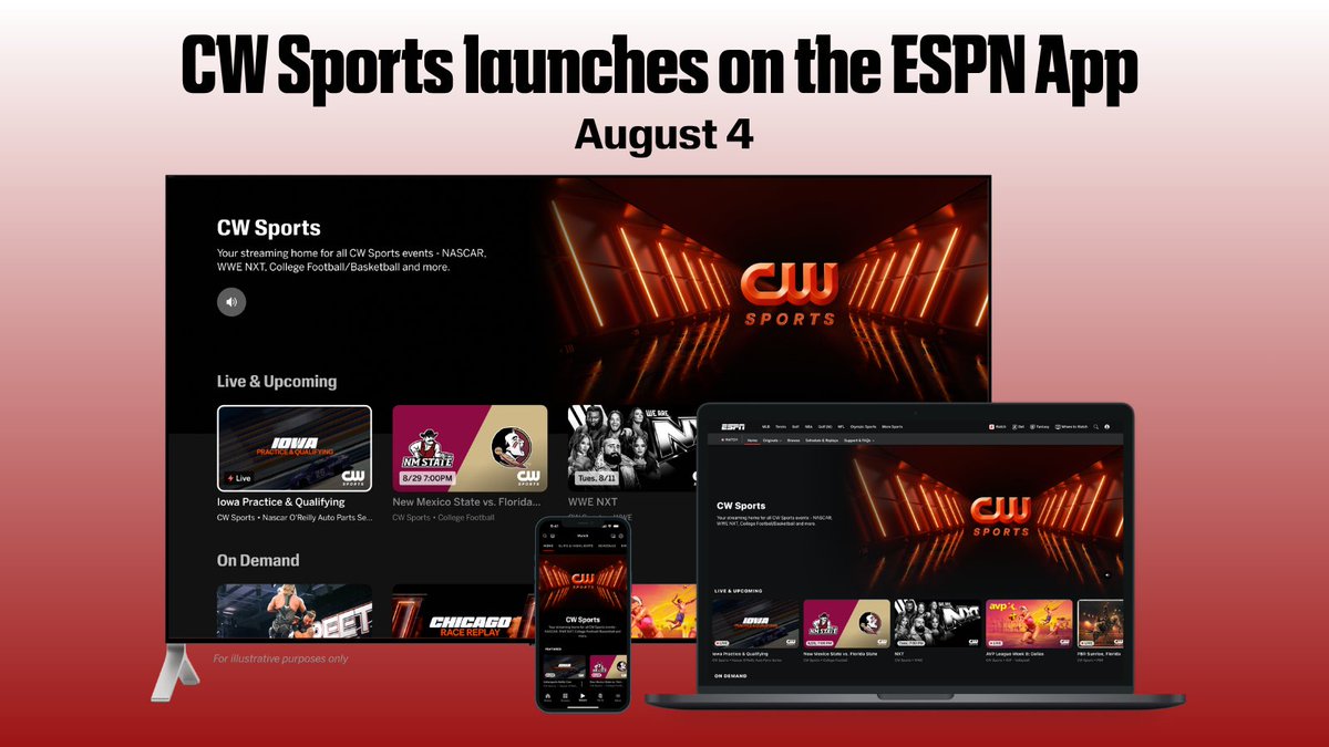 ESPNPR's tweet photo. Tuesday, Aug. 4, fans with an ESPN Unlimited plan subscription can access @TheCW_Sports live in the ESPN App

800+ hours of live events to 1 viewing experience, ft.:
💥 @WWENXT 
🏁 @NASCAR 
🏈 #CFB

More: https://t.co/cSHWG4OLN2 https://t.co/JcM7c6CQiA