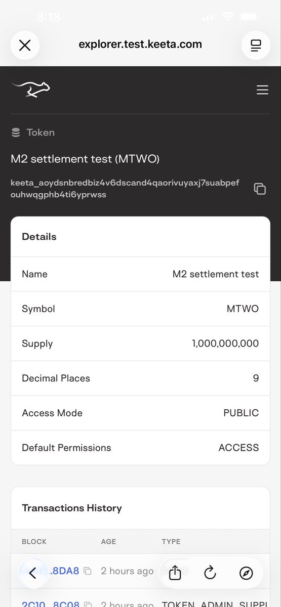 Brown_Thunder76's tweet photo. Keeta testnet activity is up 520% today and is sitting at the top of Chainspect’s activity leaderboard.

Before anyone gets too excited, testnet activity by itself doesn’t mean adoption. Transactions are free, so the number alone doesn’t tell us much.

I was more interested in what was actually happening.

A new token called M2 settlement test (MTWO) was created a couple hours ago with a 1 billion supply. Shortly after, 793.1 million MTWO was transferred into a storage account, followed by permission updates.

At the same time, we’re seeing multiple BK currencies including BKUSD, BKEUR, BKGBP, BKMXN, and BKAED moving around testnet.

What’s interesting is those BK-prefixed currencies aren’t random anymore. They ended up being the Keeta/Bivo stablecoins announced for the LayerZero integration. Seeing them continue to move around testnet makes it look like the team is actively working on getting that integration ready for use.

Does this prove anything? No.

But it’s another data point that the team is continuing to ship and test in public.

The name “M2” could just be an internal test name. M2 is also the economics term for broad money, but whether that’s intentional or just a coincidence is impossible to know.

Either way, I’d rather spend my time watching what they’re shipping than arguing over the daily price chart.

@KeetaNetwork $KTA