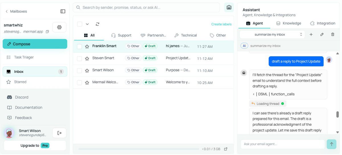 smart_defi6's tweet photo. @Mermailapp What stood out to me is that the agent isn't a bot bolted onto your inbox.
It is the inbox.

This was my test mailbox. I asked it to draft a reply, and it understood the conversation, kept the thread context, and wrote the response without me having to explain everything twice. https://t.co/m2c0ugQRh6