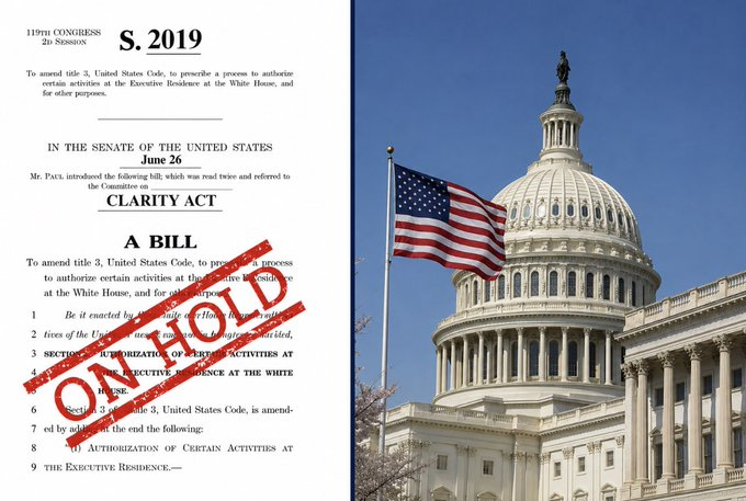 Cleo_995yu's tweet photo. Breaking News: The US Senate has suspended the CLARITY Act in order to prioritize the Russia sanctions bill.

A vote is now unlikely to take place before next week, leaving only the final few days before the Senate's August 8 recess.

Stop the stalling! 🤬

#Crypto #ClarityAct https://t.co/ds5pVct9Gh