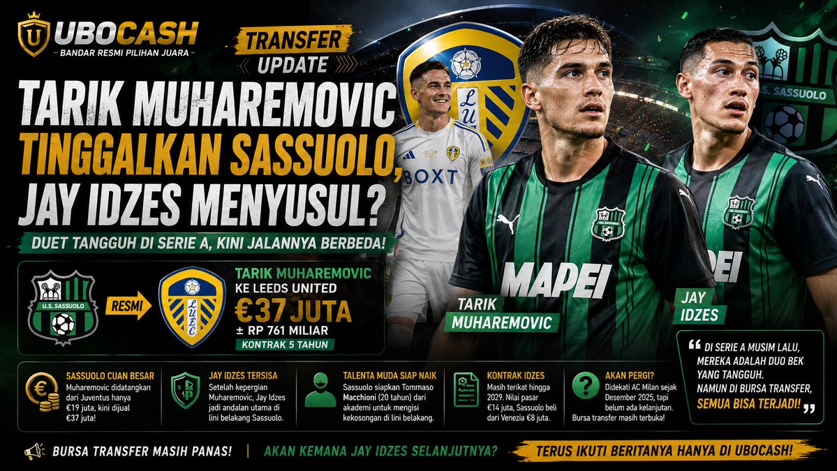 ubocash's tweet photo. #UBOCASH ๐จ Tarik Muharemovic resmi hengkang ke Leeds United. Kini sorotan tertuju pada Jay Idzes. Akankah bek Timnas Indonesia menjadi nama besar berikutnya yang meninggalkan Sassuolo? ๐ฎ๐ฉ๐
#JayIdzes #Sassuolo #LeedsUnited
๐๐๐
https://t.co/qd59MORmqn
๐๐๐
https://t.co/KtOfPqyoBE