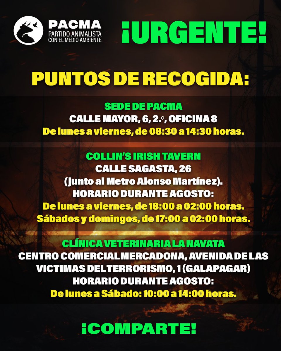 PartidoPACMA's tweet photo. 🔥Los animales también están atrapados por el fuego.

🐾Los incendios de Ávila y Madrid están arrasando hogares, refugios y espacios naturales. Animales de compañía y fauna silvestre necesitan ayuda urgente.

💚Desde PACMA nos sumamos a la recogida solidaria de alimentos y materiales. Consulta en las imágenes qué se necesita y dónde puedes entregarlo.

⚠️No te desplaces por tu cuenta a las zonas afectadas: podrías ponerte en peligro y dificultar el trabajo de los equipos de emergencia.

📣Comparte esta publicación. Cada donación puede marcar la diferencia para un animal que lo ha perdido todo.

#IncendiosForestales #Animales #EmergenciaClimática #ÚneteALaRevoluciónVerde #ÚneteAPACMA