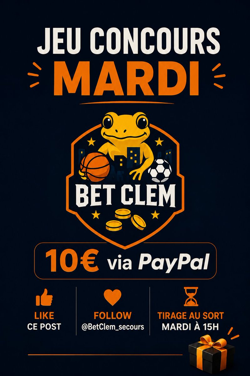 BetClem_'s tweet photo. 🎁 JEU CONCOURS MARDI 🎉

10€ À REMPORTER EN PAYPAL 💸

POUR PARTICIPER 👇
👉 ♻️ CE POST
👉 FOLLOW @BetClem_secours

Tirage au sort demain à 15h00 ⏳
#TeamParieur https://t.co/pzhpHUNjDm