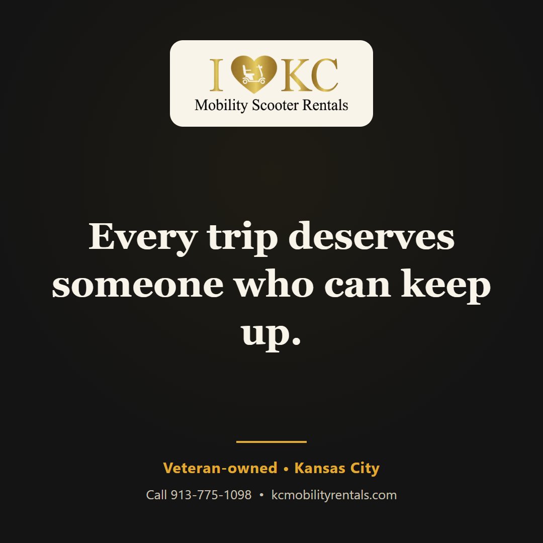 MobilityKC's tweet photo. Every trip deserves someone who can keep up. We rent mobility scooters, wheelchairs, knee scooters, rollators and transport chairs — delivered to your hotel across the Kansas City metro. Call 913-775-1098. #KansasCity #MobilityScooterRental #KCMO #RestoreMobility #VeteranOwned https://t.co/QnnxYY5Vu0
