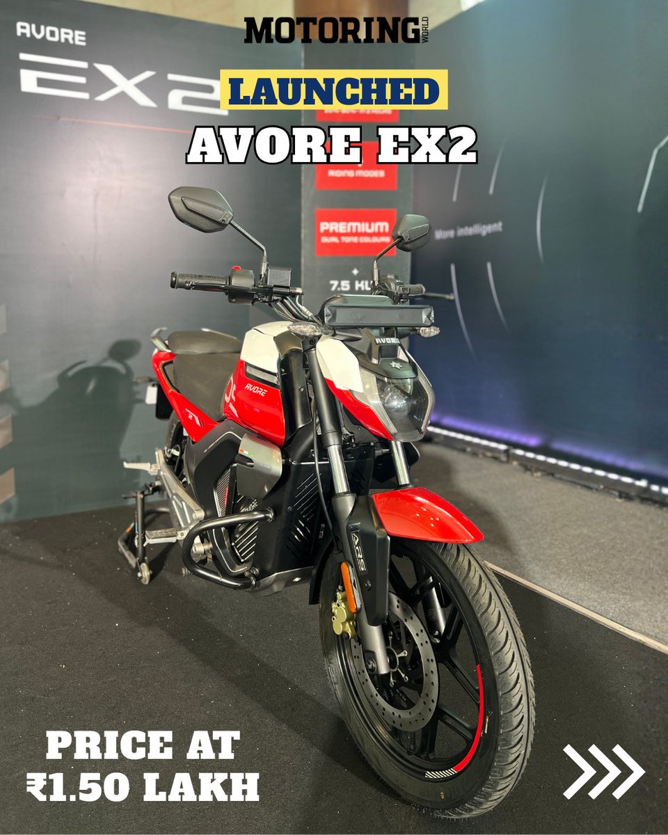 MyMotoringWorld's tweet photo. AVORE has launched the EX2 in India at ₹1,49,999 (ex-showroom). The electric motorcycle offers a claimed 255 km IDC range, a 100 kph top speed, four riding modes and a 7-inch digital display, making it a practical option for everyday riding.

#AVORE #EX2 #ElectricBike #EVNews https://t.co/6B1SAPGbKI