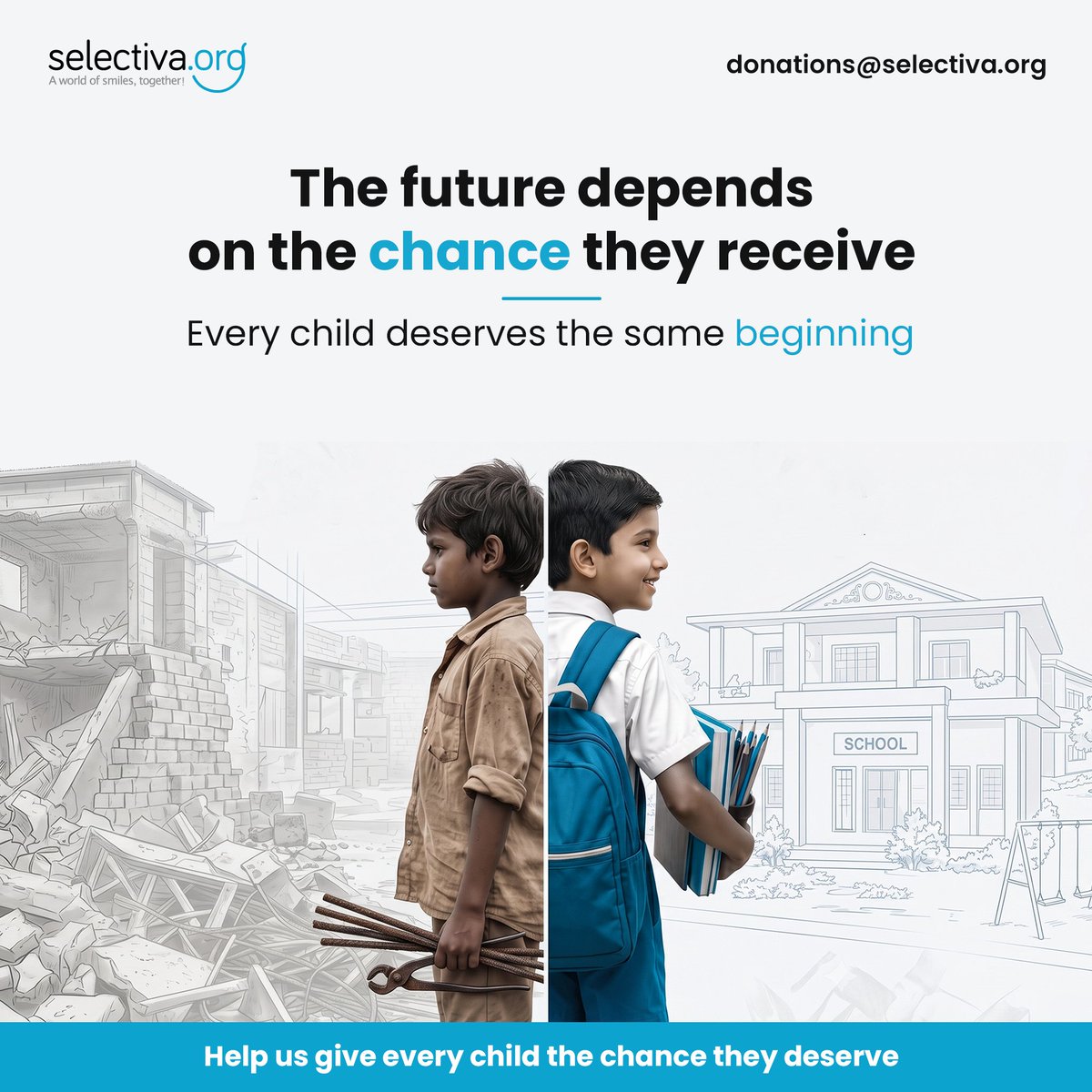 SelectivaOrg's tweet photo. Two boys. Two futures.
One holds tools. One holds a chance.
Every child deserves the same beginning. 

Help us turn rubble into classrooms.

👉 https://t.co/aK5vWCrYTa

#EveryChildDeserves #Selectiva https://t.co/AsNkQfqVSi