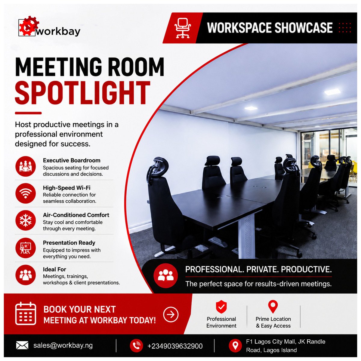 workbaynigeria's tweet photo. Great ideas deserve the right environment.

Whether you're hosting a client presentation, team strategy session, board meeting, workshop, or training, Workbay's Meeting Room is designed to help you stay focused, productive, and professional. https://t.co/EOg9khKIqh