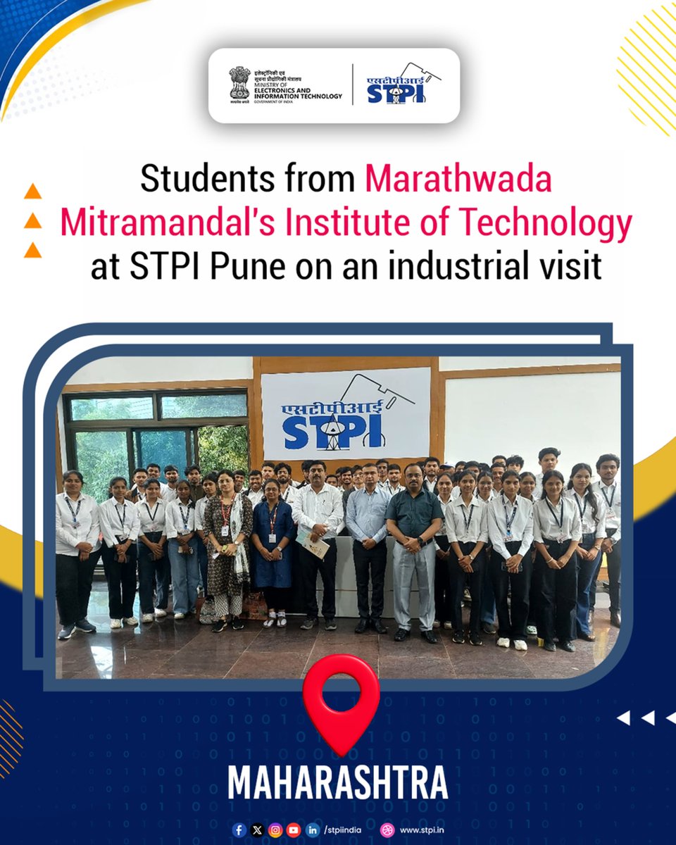 stpiindia's tweet photo. STPI-Pune organised an industrial visit for the students and faculty members of Marathwada Mitramandal's Institute of Technology (MMIT), Pune, during which they were briefed on STPI's services and the pivotal role of its CoEs in fostering India's technology-driven startup ecosystem.

#STPIINDIA #STPIPune #IndustrialVisit #MMIT #Pune #StudentEngagement #Technology #Innovation #StartupEcosystem #CentresOfEntrepreneurship #CoE #DigitalIndia #TechInnovation #Entrepreneurship #FutureReady #SkillDevelopment #StartupIndia #YoungInnovators

@GoI_MeitY @AshwiniVaishnaw @JitinPrasada @SecretaryMEITY @arvindtw @_DigitalIndia @NeGD_GoI @EduMinOfIndia @startupindia @STPIPune