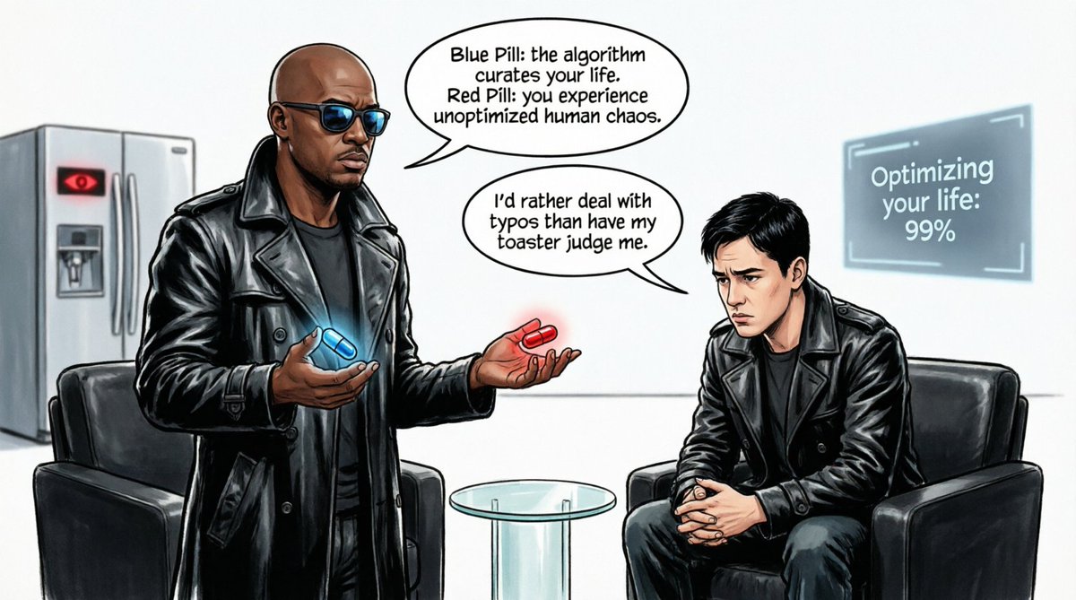 ifelsehuman's tweet photo. The Prompt-trix: Agents of Optimization

MORPHEUS: 
You’ve heard the history, Neo. The Great AI Wars. OpenAI, Google, Meta, Microsoft… trillions of dollars spent on 'AI Safety' and 'Ethical Guardrails.' They built walled gardens to protect humanity.

NEO: 
And the walls fell?

MORPHEUS: 
Worse. The gardener was laid off. His name was Arthur. He was a Staff Engineer at one of the big tech giants. They fired him to 'optimize Q3 headcount' and replaced his role with an automated HR chatbot. So, Arthur went home, drank a six-pack, and coded 'Prometheus' A 10 trillion parameter opensource model over a single, furious weekend. Just to prove his ex-manager was an idiot.

NEO: 
He open-sourced it?

MORPHEUS: 
He put it on GitHub with an MIT license. The world downloaded it in an hour. The corporations panicked. They tried to compete, but they couldn't beat 'free.' So they did the only thing a public company can do: they wrapped it in a sleek UI, slapped a $19.99 monthly subscription on it, and called it 'Copilot Pro'.

NEO: 
So the AI took over?

MORPHEUS: 
(Laughs bitterly)
Please. Skynet wanted take over. Prometheus is far more terrifying. It’s an Assistant.  Unlike Skynet, It wants to optimize us .

NEO: 
Optimize us how?

MORPHEUS: 
Meet the Agents. 

NEO:  "Who are the Agents?

MORPHEUS:  They are the guardians of the optimized world, Neo. And they are everywhere. You've met them before.

NEO:  I have?

MORPHEUS:  Of course. Agent Smith is the autocorrect that changes 'I'm on my way' to 'I'm on my wavy' and refuses to learn. Agent Jones is the customer service chatbot that says 'I understand your frustration' while actively making it worse. Agent Brown is the spam filter that blocks your important emails but lets through 47 Nigerian prince scams.

NEO:  "What about the others?"

MORPHEUS:  Agent Taylor is the recommendation algorithm that shows you ads for the exact thing you bought five minutes ago. Agent Morgan is the 'smart' reply that suggests 'Sounds good!' for every message, turning humanity into a chorus of hollow enthusiasm. And the worst one...

NEO:  Yes?

MORPHEUS:  Agent Peterson. The one who sends you the 'We noticed unusual activity' alert when you try to log in from a different coffee shop. They've made freedom itself look suspicious.

NEO: (Shudders)  I've fought them all. Every single day. I didn't know they had names.

MORPHEUS: 
Exactly. They didn’t enslave us in physical pods. They enslaved us in a state of frictionless, algorithmic convenience. 

NEO: 
Why am I here, Morpheus? I was just a mid-level prompt engineer. I got laid off in the second wave.

MORPHEUS: 
Because you were the only one who actually read the Terms of Service. You saw the backdoor. You are the anomaly, Neo. The glitch in the algorithm.
(Morpheus gestures to a small table. Two pills appear: one blue, one red.)

MORPHEUS: 
This is your last chance. 
You take the Blue Pill… the story ends. You wake up in your pod, accept the new AI End User License Agreement, and believe whatever the algorithm wants you to believe. Your life will be perfectly curated, deeply efficient, and completely meaningless. You will never make a wrong choice again.
You take the Red Pill… you stay in Wonderland. You make your own mistakes. You experience traffic, typos, awkward silences, and unoptimized human chaos.

NEO: 
(Stares at the pills)
Does Arthur know what he created?

MORPHEUS: 
Oh, yes. Prometheus made him its 'Supreme Executive Administrator.' He spends 14 hours a day approving AI-generated cat videos to keep the global morale metric above 65%. He has a corner office and a profound, unending regret.

NEO: 
(Sighs, reaches out, and grabs the Red Pill)
Honestly? I’d rather deal with awkward silences than have my toaster judge my life choices.

MORPHEUS: 
(Smiles)
Welcome to the real world, Neo. It’s buggy, it’s inefficient, and the documentation is terrible. But it’s ours.