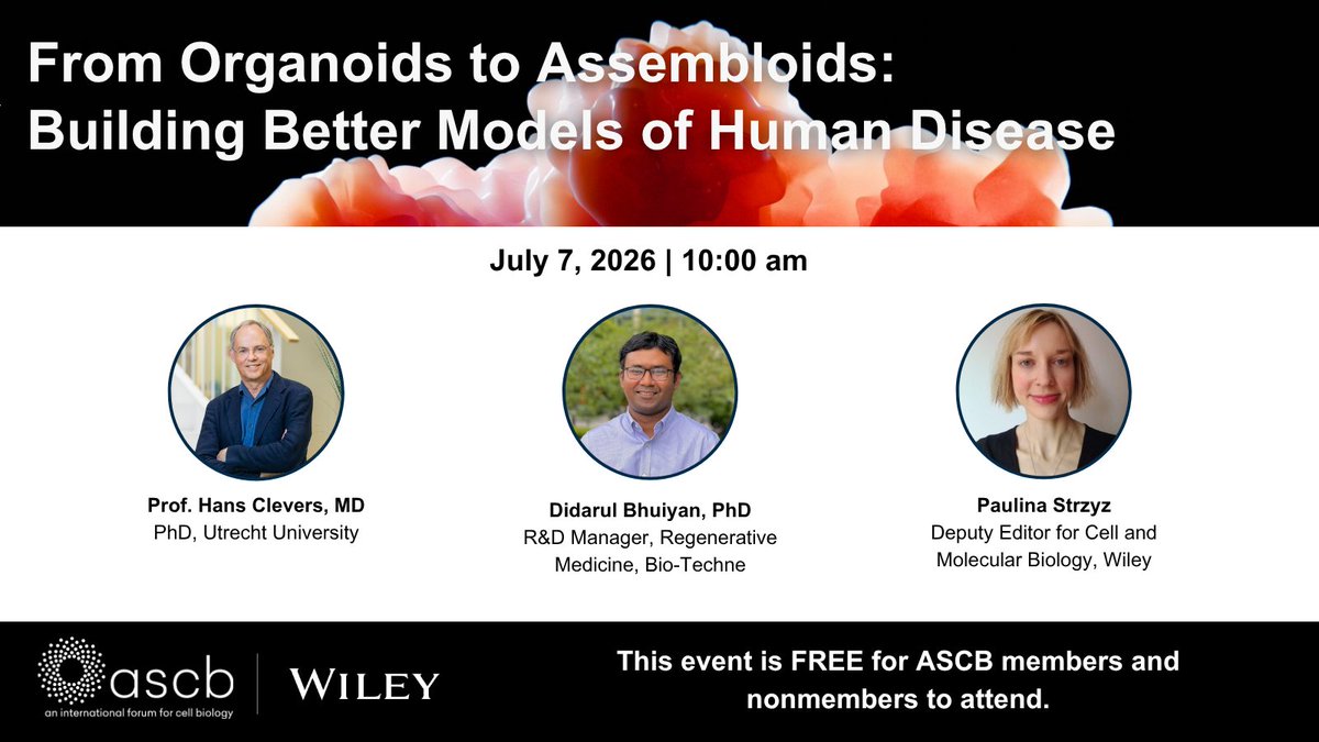 ASCBiology's tweet photo. From CRISPR editing to assembloids, discover the tools advancing next-generation disease models.

Join Prof. Hans Clevers for this free ASCB webinar.

📅 July 29

https://t.co/riu2HZ4OMJ https://t.co/l1VsKjqjWT
