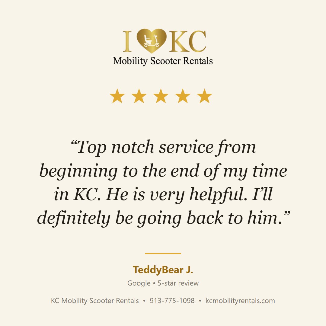 MobilityKC's tweet photo. “Top notch service from beginning to the end of my time in KC. He is very helpful. I’ll definitely be going back to him.” — TeddyBear J., 5 stars (Google). Mobility scooter rental delivered to your hotel, ready to roll. Book your own at https://t.co/kJzL0bGyDV https://t.co/sVspX6zKOB