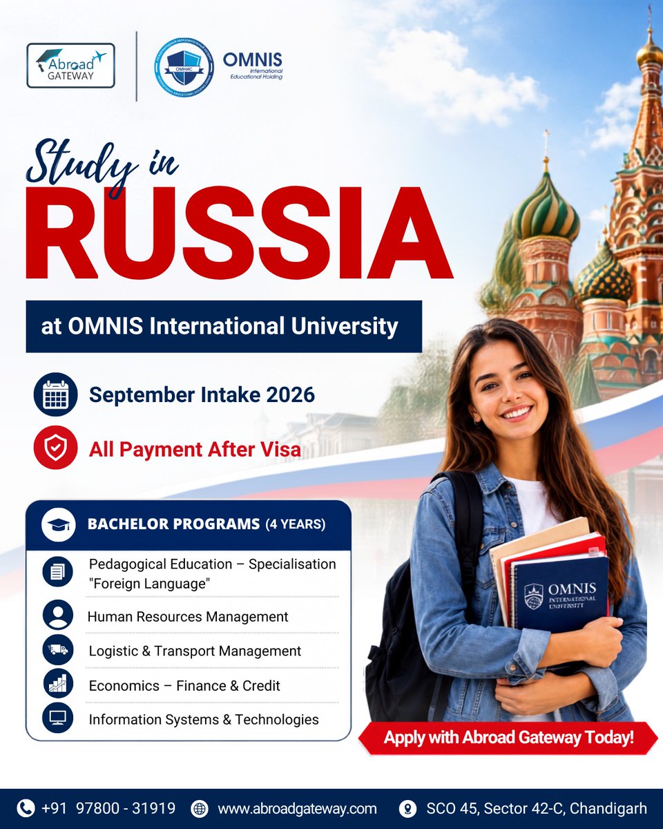 AbroadGatewayy's tweet photo. 🇷🇺 Study in Russia at OMNIS International University!
🎓 September 2026 Intake
✅ Bachelor's Programmes
💳 Pay After Visa Approval
📑 Complete Admission & Visa Support
Apply with Abroad Gateway!
📞 +91 97800 31919
🌐 https://t.co/3ZimBlktS0
#StudyInRussia #StudyAbroad #RussiaVisa https://t.co/z8DiDbJN9s