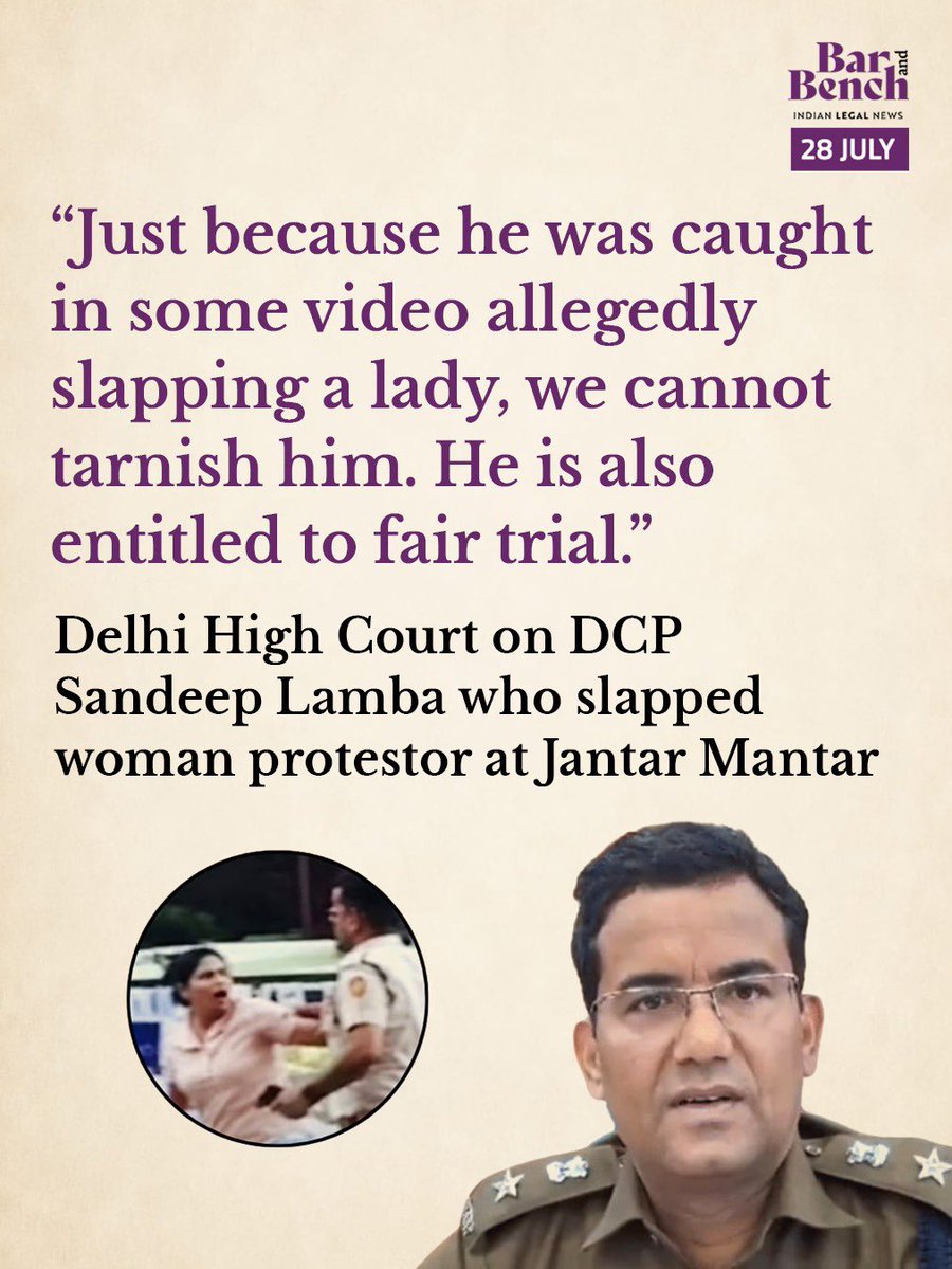 barandbench's tweet photo. Delhi High Court on DCP Sandeep Lamba who slapped woman protestor at Jantar Mantar

Read more: https://t.co/egWjDB3Jub https://t.co/rKvs6BbeR8