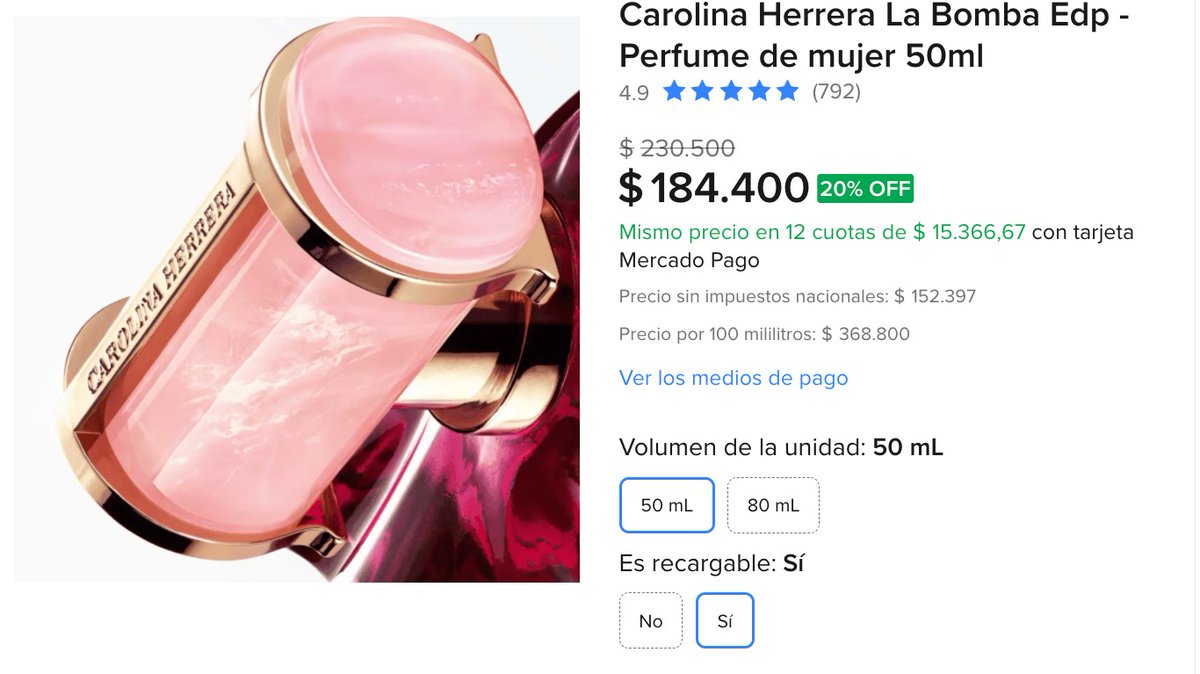 ofertaslaswan's tweet photo. 💣 CAROLINA HERRERA LA BOMBA BAJÓ DE PRECIO.

Antes $230.500.
Ahora $184.400.

Dulce, intenso y súper femenino. De esos perfumes que te ponés para salir “tranqui” y terminás dejando rastro en todos lados. 3 cuotas sin interés.