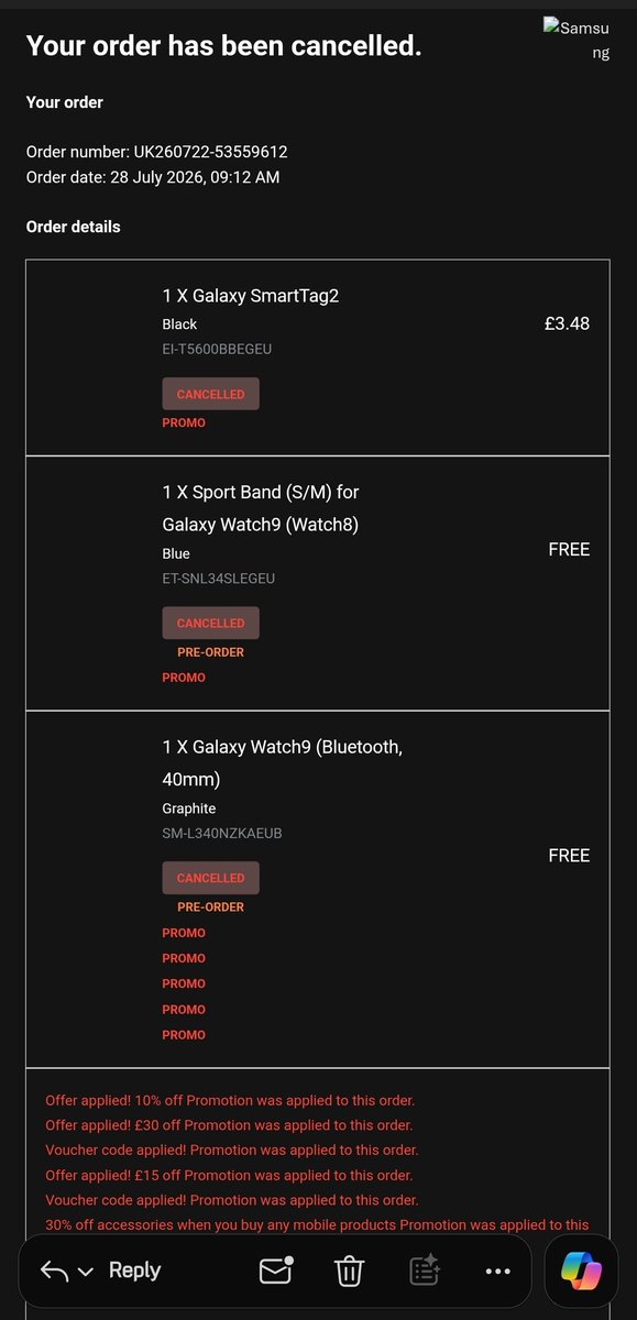 manavtyagi1983's tweet photo. Years of loyalty down the drain. @Samsung cancelled my order—paid IN FULL using accumulated rewards points—claiming "security checks." What security check is needed for an order paid entirely with my own points?! @SamsungSupport is a total joke. Disgraceful. https://t.co/a5Ka4atAX8