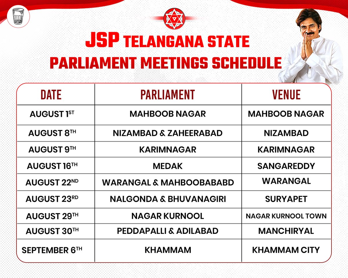 JSPTelangana's tweet photo. JSP Telangana State Parliament Meetings Schedule

#JanaSenaTelangana https://t.co/iCQjozbMhN