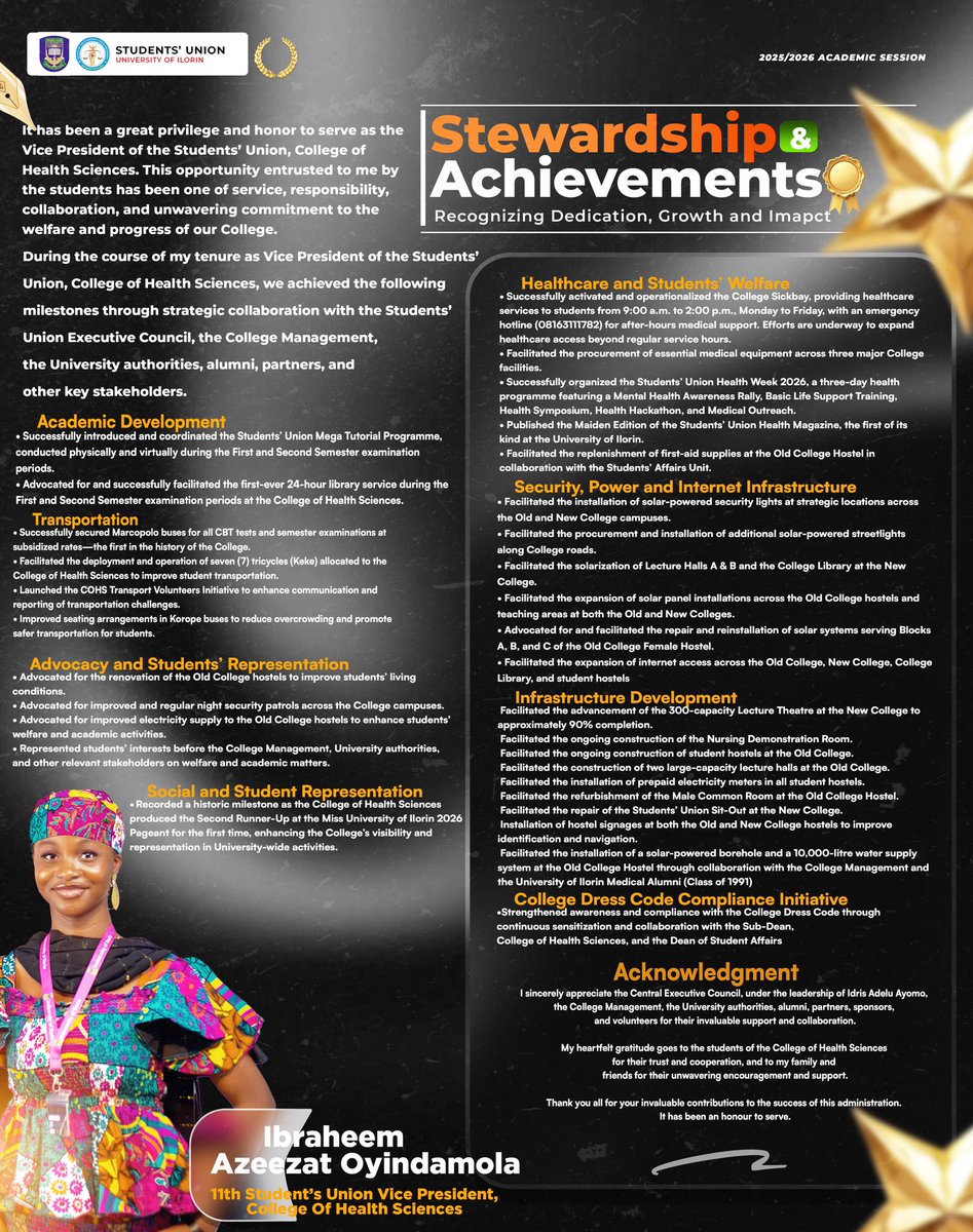 __AZEEZAT__'s tweet photo. As one chapter closes, another begins. 

Serving as the @UilStudentUnion Vice President, College of Health Sciences, has been one of the greatest privileges of my journey. Every achievement, every challenge, and every lesson has shaped a legacy of service, growth, and impact.💎 https://t.co/wCMI7GnSAV