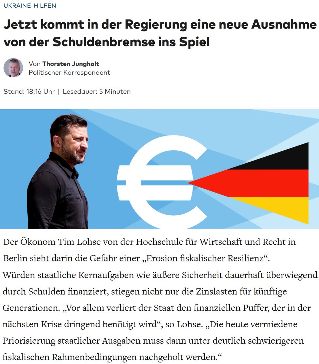 SHomburg's tweet photo. Die Bundesregierung plant noch (!) höhere Schulden zugunsten der Ukraine. Der VWL-Professor Dr. Tim Lohse kritisiert den Harakirikurs deutlich. Lohse war lange Zeit einer meiner besten Studenten und Doktoranden.

Link: https://t.co/kEM031ejID
