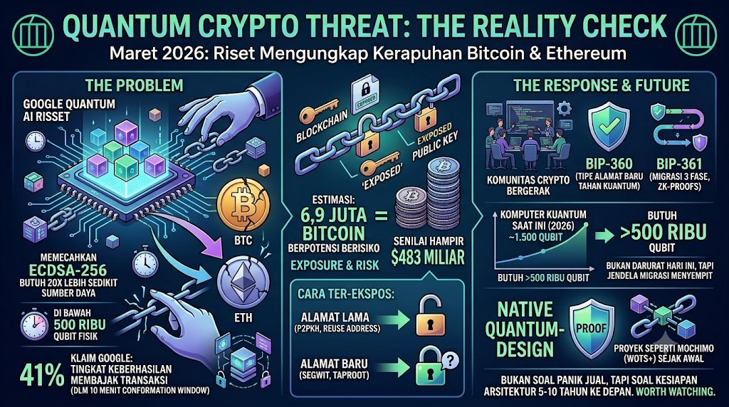 ronnyfahrudin's tweet photo. 1/
Maret 2026 kemarin, dua paper riset kuantum dirilis nyaris bersamaan dan bikin banyak orang di ruang crypto diam-diam khawatir. Intinya: mengamankan kunci kripto Bitcoin &amp; Ethereum ternyata jauh lebih rapuh dari asumsi selama ini. Thread ini breakdown-nya, bukan hype. 🧵 https://t.co/6rY0VmbBqR