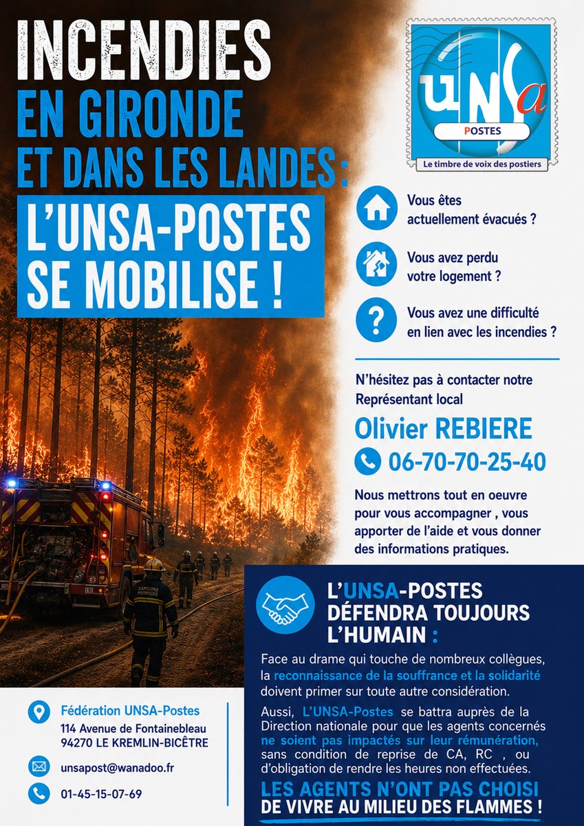 unsapostes_off's tweet photo. INCENDIES EN GIRONDE ET DANS LES LANDES: L'UNSA-POSTES SE MOBILISE ! https://t.co/KDybkqzQjn
