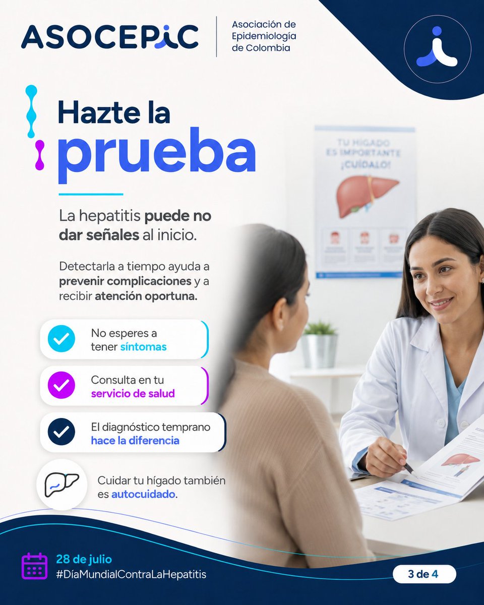 asocepic's tweet photo. 🌎 Hoy, 28 de julio, conmemoramos el Día Mundial contra la Hepatitis.

Las hepatitis virales A, B, C, D y E pueden afectar el hígado y, en muchos casos, avanzar sin presentar señales evidentes durante sus primeras etapas.
👇🏼 https://t.co/UjedLFsOBF