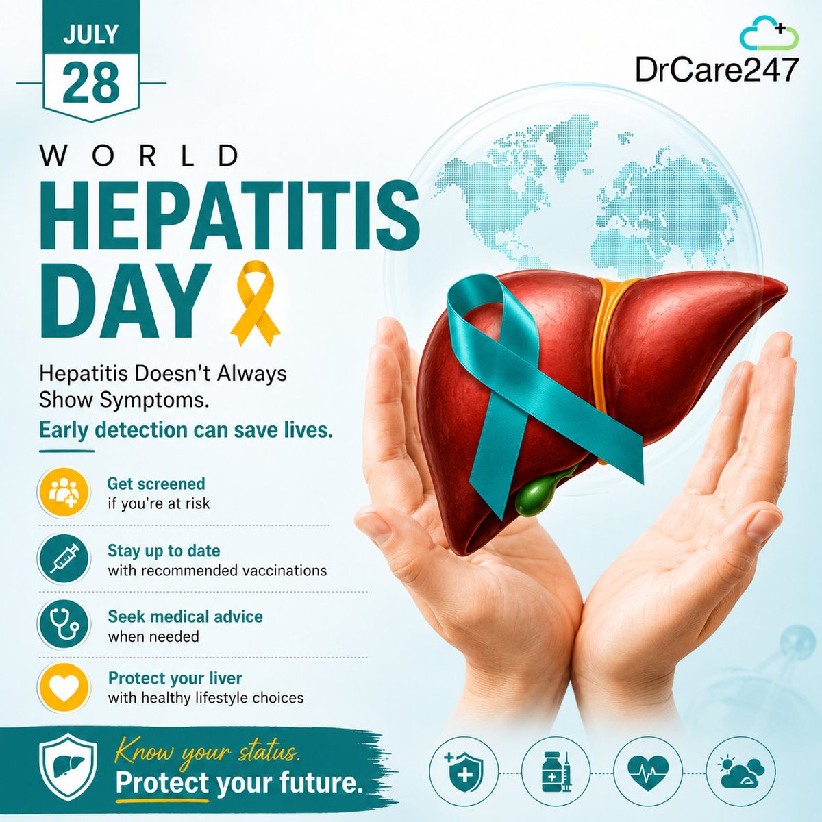 drcare247's tweet photo. Many people with hepatitis don't experience symptoms until it's too late. Early screening, vaccination, and timely medical care can protect your liver and your future.
 
💛Know your status. Protect your future.

#worldhepatitisday #hepatitisawareness #knowyourstatus #liverhealth https://t.co/OYx6pQriT6