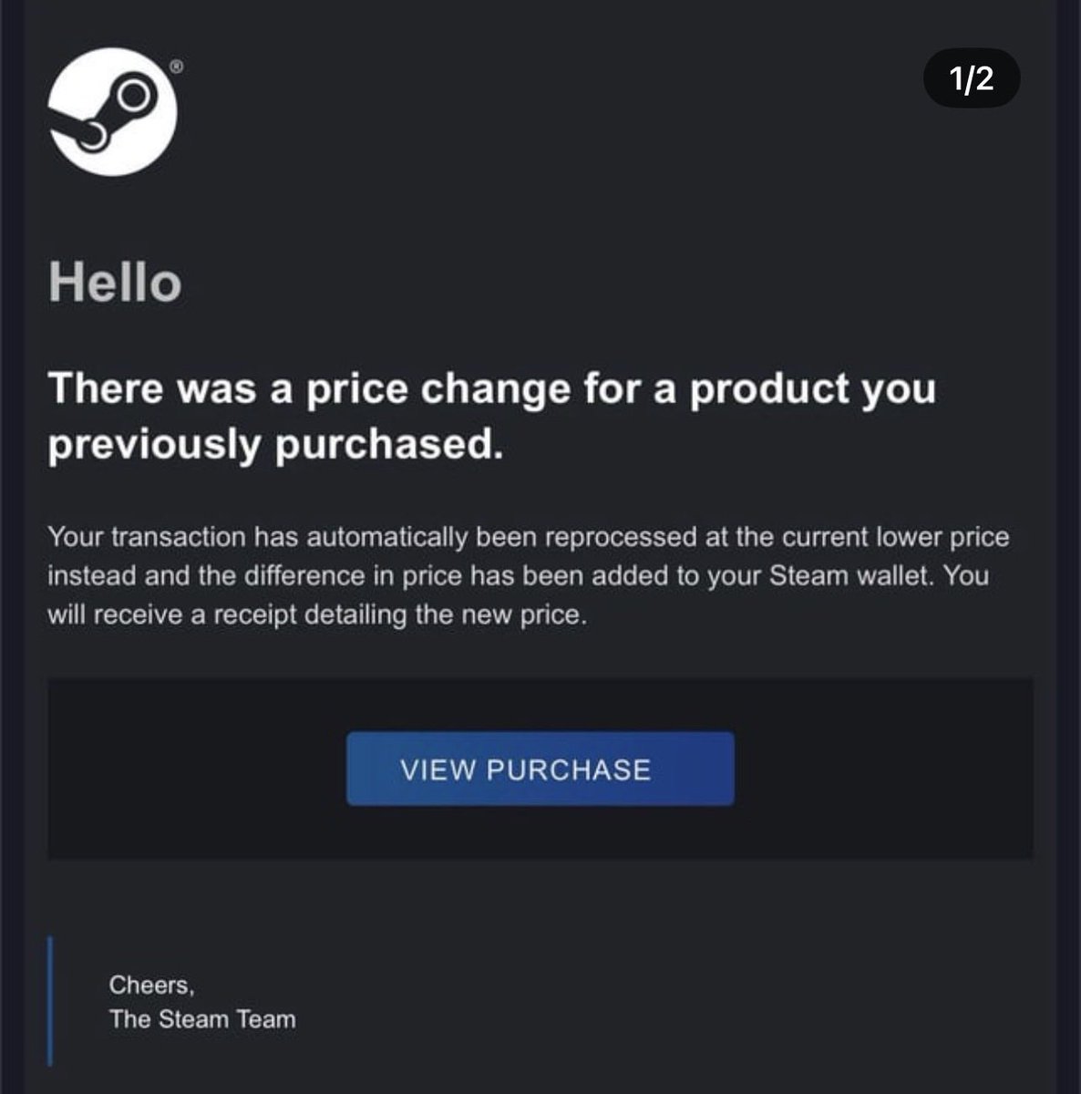 FumeGaming95's tweet photo. One thing that is unmatched in the industry right now is how well Steam treats their customers. If you buy a game and it goes on sale within a certain amount of time they will refund you the difference. 

I wish all gaming companies could be this good. I hope it lasts🫡 https://t.co/VLAmDJHTIy