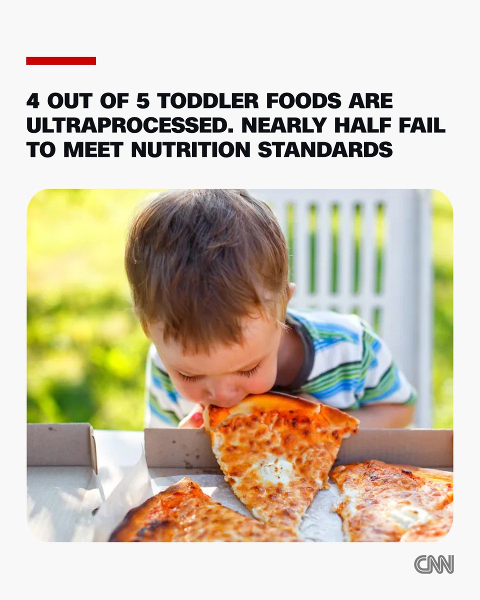 CNN's tweet photo. Four out of five foods sold for toddlers in the United States are ultraprocessed, according to research that analyzed more than 2,700 products on grocery store shelves. 

Nearly half of those items also failed to meet at least one nutritional benchmark for children set by the World Health Organization. https://t.co/X0DQLi383y
