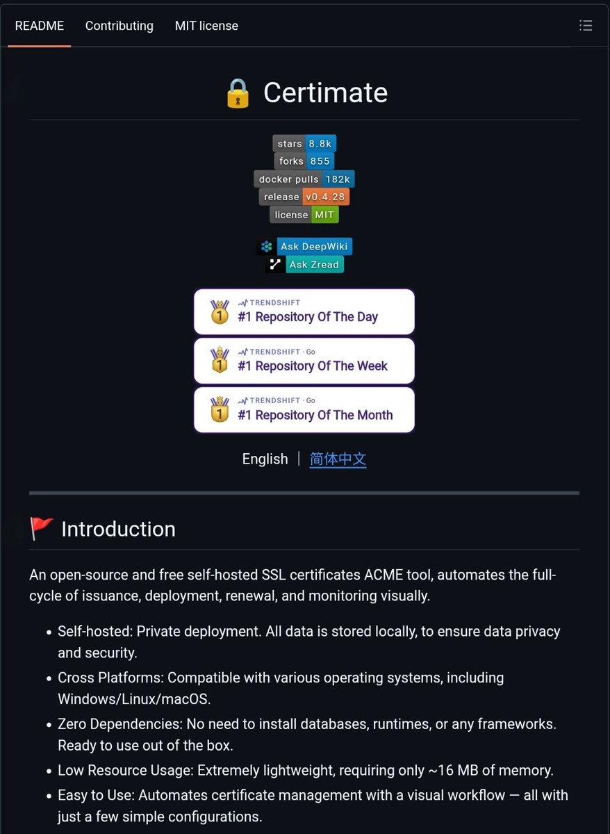 TheTechDiggest's tweet photo. [OpenSource - SSL Automation & DevOps Infrastructure]

Manually renewing, converting, and deploying SSL/TLS certificates across multiple servers, CDNs, and load balancers is a constant operational headache. 🛑
⁠Certimate⁠ (8.9K+ GitHub stars) is a lightweight, self-hosted ACME certificate automation platform that manages the entire SSL lifecycle through an intuitive web UI.
Here is how this Go-based certificate manager streamlines your security infrastructure. 🧵👇

1/4