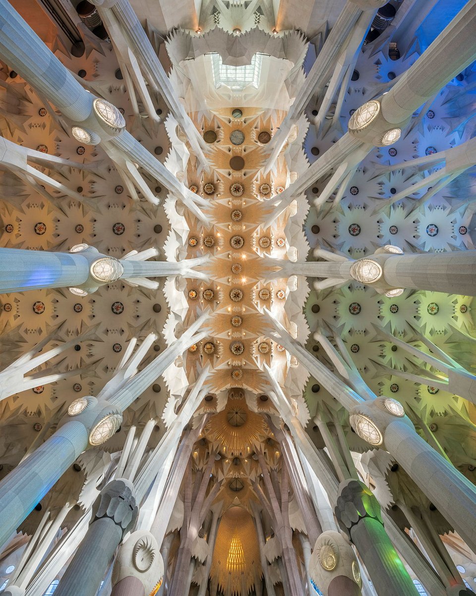 sagradafamilia's tweet photo. Dins de les voltes hiperboloides de la nau principal, hi ha medallons amb diferents símbols convertint el sostre en un firmament teològic. Aquests medallons estan dedicats a Jesucrist i els seus atributs. 

Crist es representa pel 𝗖𝗿𝗶𝘀𝗺ó (𝗫 𝗶 𝗣) i els seus atributs com ara una 𝗲𝘀𝗽𝗮𝘀𝗮, símbol de justícia suprema; un 𝗰𝗲𝗽𝘁𝗿𝗲, símbol d’autoritat; la 𝗰𝗿𝗲𝘂, símbol de salvador i redemptor de la humanitat, a través de la seva Passió; i el símbol de l’𝗶𝗻𝗳𝗶𝗻𝗶𝘁, que representa el principi i el fi de l’eternitat del seu regne.