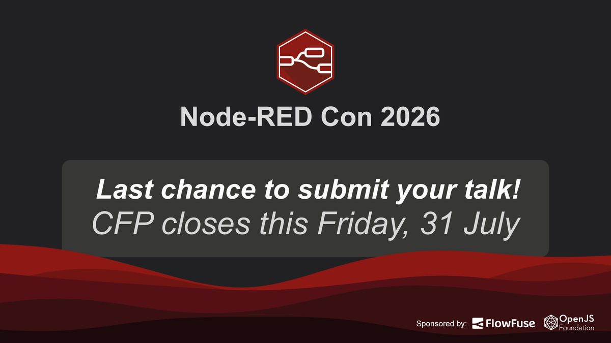 NodeRED's tweet photo. You've been meaning to submit a talk for Node-RED Con 2026. This is it — CFP closes this Friday.

👉 https://t.co/Zam9Gk1eVD

#NodeRED #NRCon2026 #CallForPapers https://t.co/ZL6Uxp4wxo