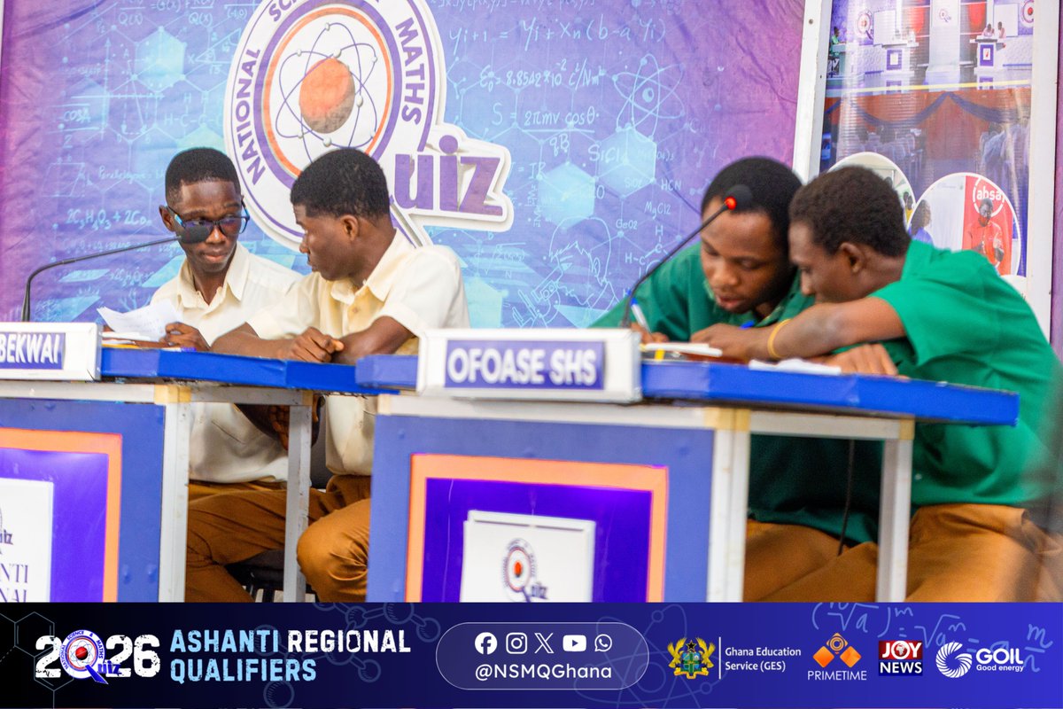 NSMQGhana's tweet photo. ASHANTI:

End of Round 3

Simms SHS: 46pts
SDA SHS, Bekwai: 39pts
Ofoase SHTS: 17pts
Adanwomase SHS: 10pts

#NSMQRegionals #NSMQ2026 #Primetime https://t.co/164i8HYzwX