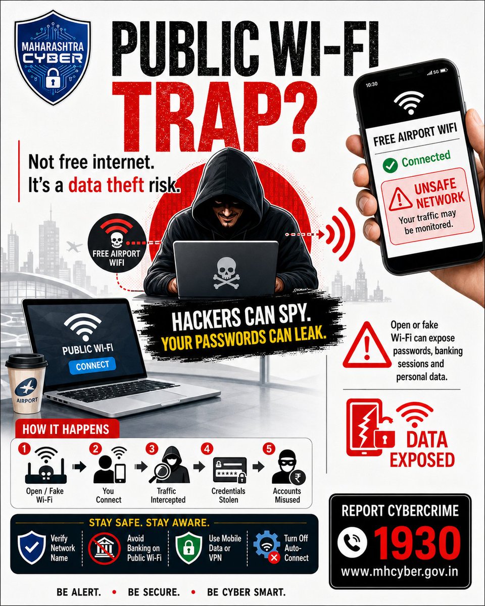 MahaCyber1's tweet photo. Public Wi-Fi Trap: Free Internet or a Data Theft Risk?
#MaharashtraCyber #PublicWiFi #WiFiSafety #CyberSafety #CyberAwareness #DataTheft #OnlineSecurity #CyberCrime #DigitalSafety #StayCyberSafe #AvoidPublicWiFi #CyberFraud #ReportCyberCrime #Helpline1930 #BeCyberSmart https://t.co/4XrWzfNTeL