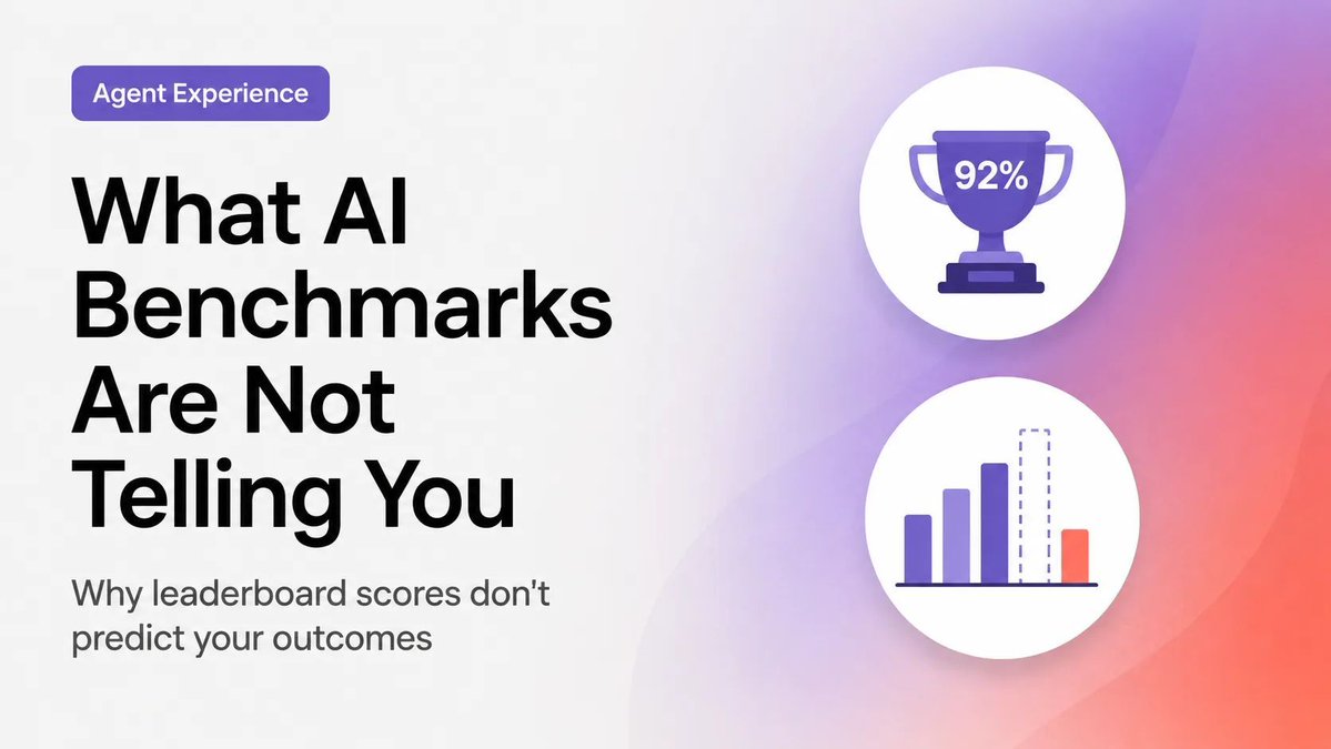 Title card reading "What AI Benchmarks Are Not Telling You: Why leaderboard scores don't predict your outcomes," illustrated with a 92% trophy icon beside a bar chart showing a dashed expected-result bar far exceeding a shorter actual-result bar