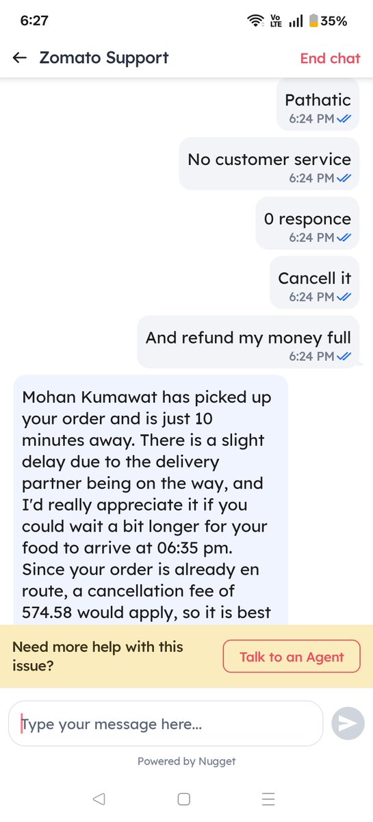 Prashantuv243's tweet photo. @zomatocare @zomato #shame on you #zomato , already my order is late , and your damn executive is saying there is no refund , my money and time already wasted, the whole order will be messed up due to delay forsure , what a #failure you are!! https://t.co/DDIbM37ujO