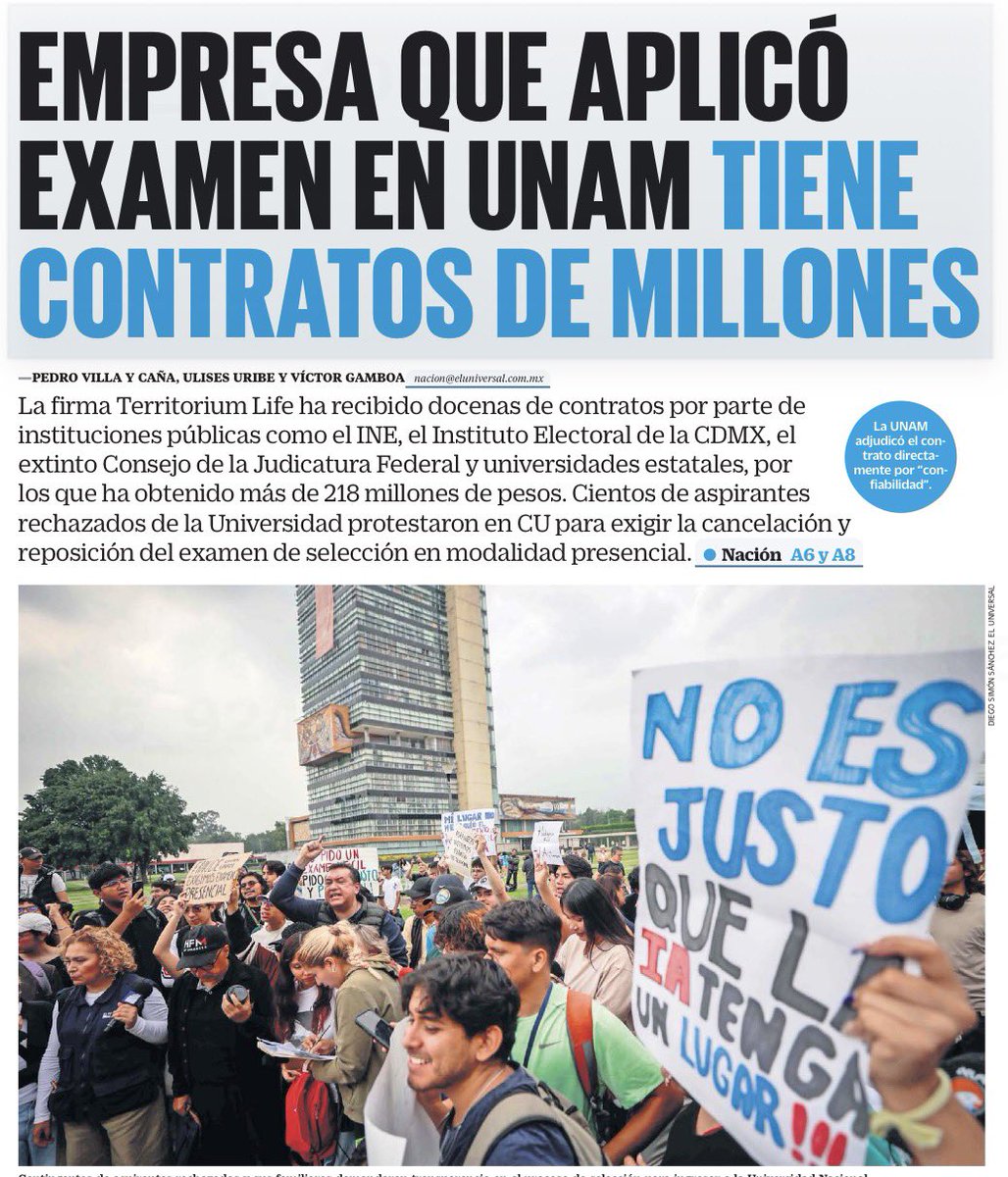 bereaguilarv's tweet photo. ¡Zas! ¿Será casualidad o negocio redondo?

La empresa que aplicó el examen de admisión de la UNAM ha recibido 218 mdp en contratos públicos.

Contratos con la UNAM, INE, CJF, IECM y universidades.

Solo el Consejo de la Judicatura le pagó 50.5 mdp

La BUAP, 31.6 mdp
La UANL, 12.7 mdp