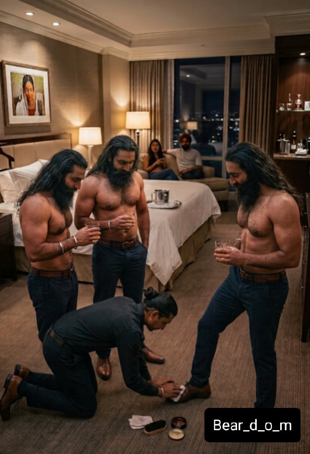 bear_d_o_m's tweet photo. Three Sardar alphas, long hair open, vibes immaculate.  Nothing like kicking back in the suite with your boys, drinks in hand, while a devoted sub shines your shoes like the good boy he is. 

Who else living that alpha life? #SardarSwag #AlphaEnergy #DomLife https://t.co/hE2dzEfyMB