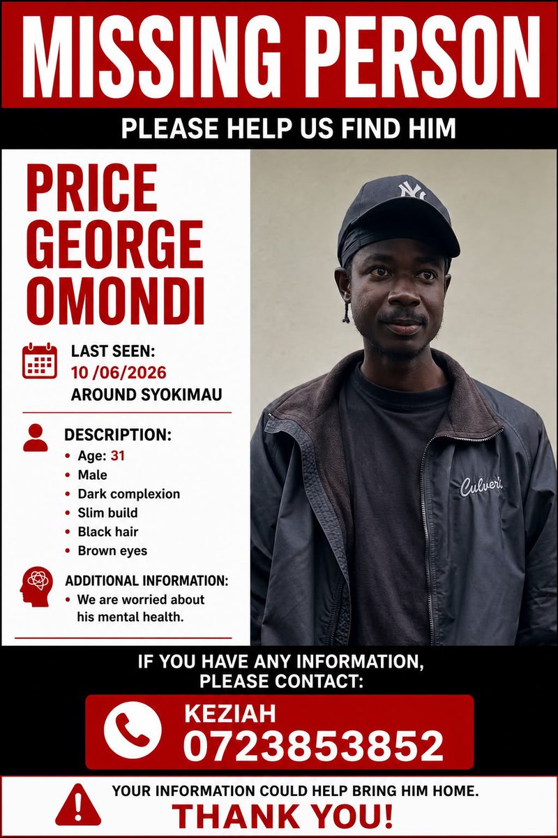 Evob_'s tweet photo. MISSING PERSON | Please RT
Price, 31, was last seen around Syokimau on 10 June 2026. We are deeply concerned for his wellbeing.
If you have seen him or have any information about his whereabouts
#MissingPersonKE #FindPriceGeorgeOmondi #Syokimau #Mlolongo #AthiRiverKenya #Nairobi https://t.co/Lm38V4Oukx