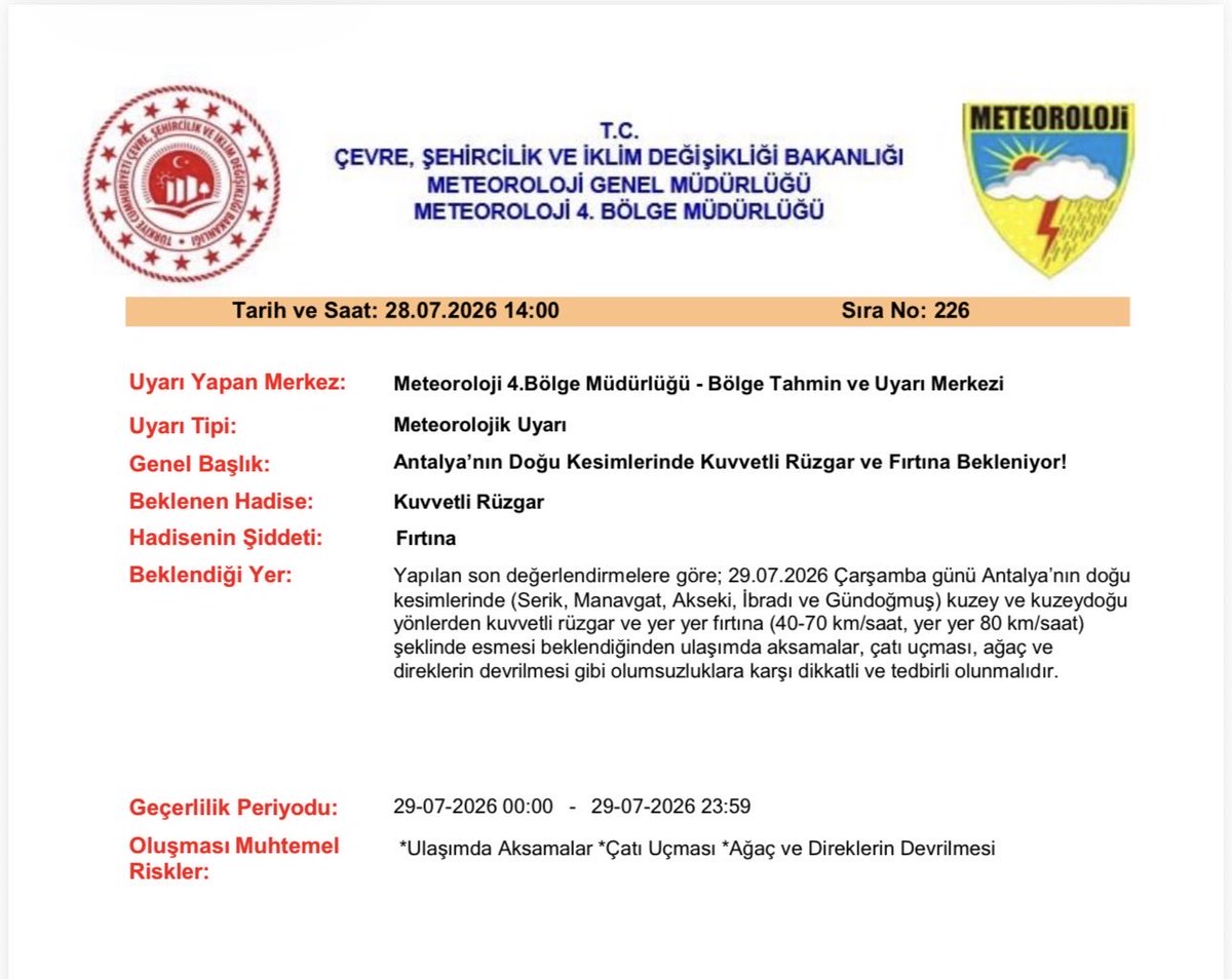 Meteoroloji4's tweet photo. ⚠️⚠️ METEOROLOJİK UYARI ANTALAYA'NIN DOĞU KESİMLERİNDE KUVVETLİ RÜZGAR VE FIRTINA BEKLENİYOR! ⚠️⚠️ https://t.co/n2jSg4pFlv