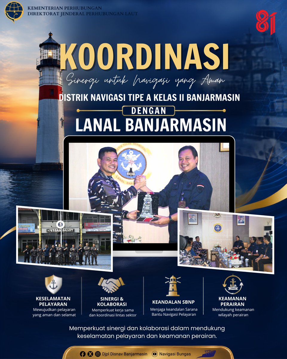 SmrtDisnavbjm's tweet photo. Distrik Navigasi Tipe A Kelas II Banjarmasin melaksanakan koordinasi bersama Lanal Banjarmasin guna memperkuat kolaborasi dan menyamakan persepsi dalam mendukung keselamatan pelayaran serta keamanan wilayah perairan.

@djplkemenhub151 @max_bhow

#HUT81KemerdekaanRI https://t.co/SH7d3Be3zT