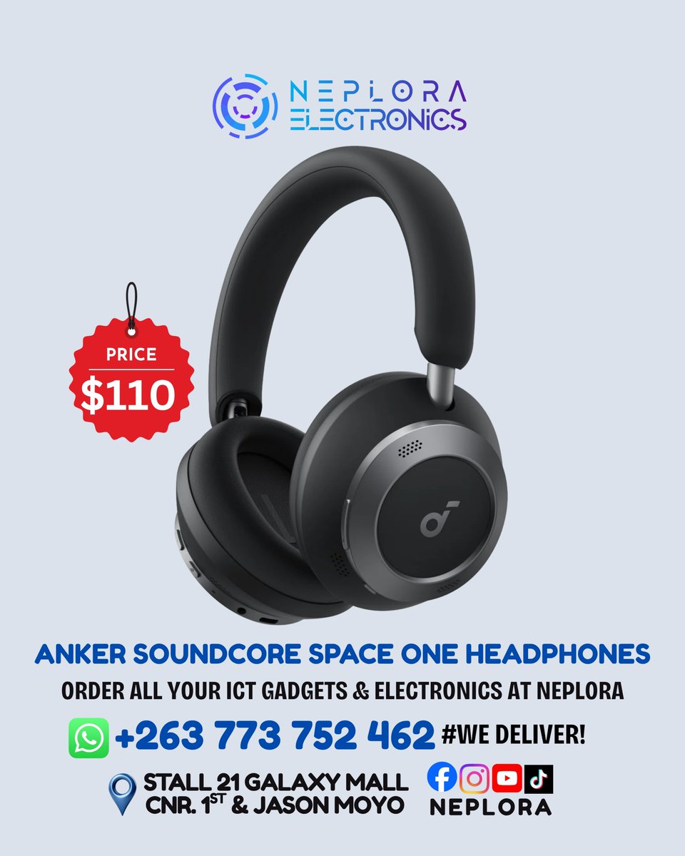 neplora's tweet photo. 🎧🎶✨ Anker Soundcore Space One Wireless Headphones in Harare, Zimbabwe available at Neplora. Call/WhatsApp📲: +263 773 752 462 to order. #WeDeliver!
📍 We are located in Harare CBD
Visit Stall 21 Galaxy Mall Ground Floor
Corner First Street, and Jason Moyo Ave https://t.co/7jrYMcYkyf